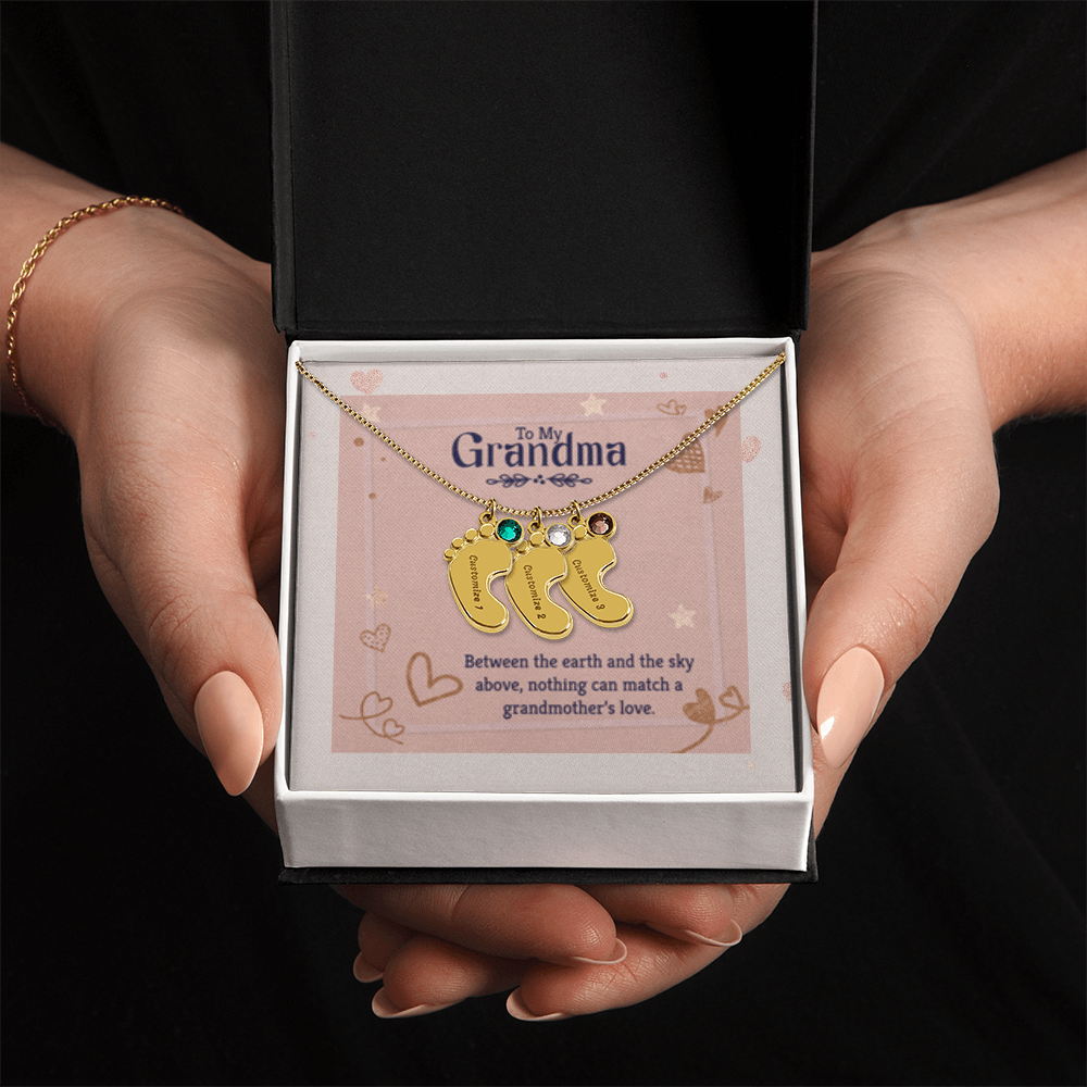 Nothing Can Match a GRANDMOTHER'S Love - Engraved Baby Feet Necklace with Birthstones
