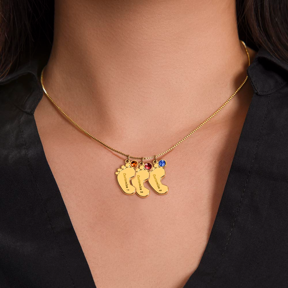 Nothing Can Match a GRANDMOTHER'S Love - Engraved Baby Feet Necklace with Birthstones