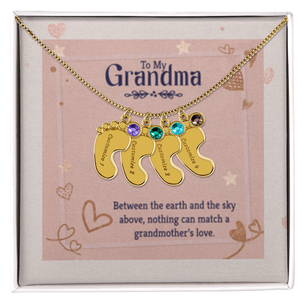 Nothing Can Match a GRANDMOTHER'S Love - Engraved Baby Feet Necklace with Birthstones