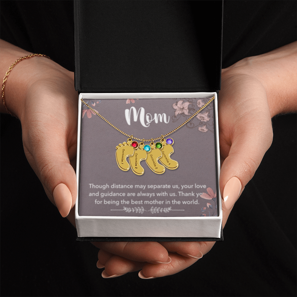 MOM-Engraved Baby Feet Necklace with Birthstones