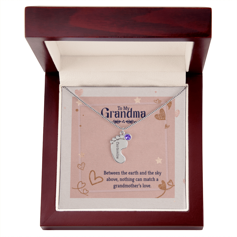 Nothing Can Match a GRANDMOTHER'S Love - Engraved Baby Feet Necklace with Birthstones