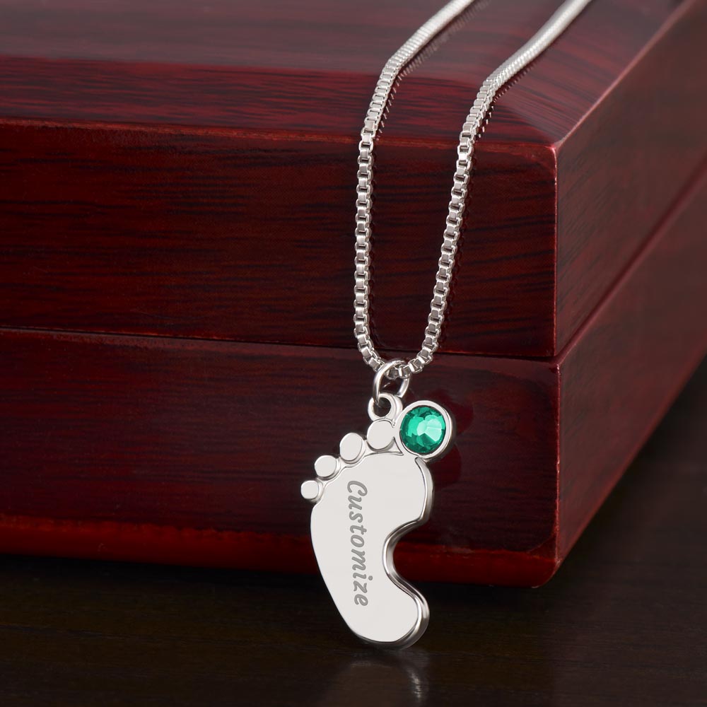 MOM-Engraved Baby Feet Necklace with Birthstones