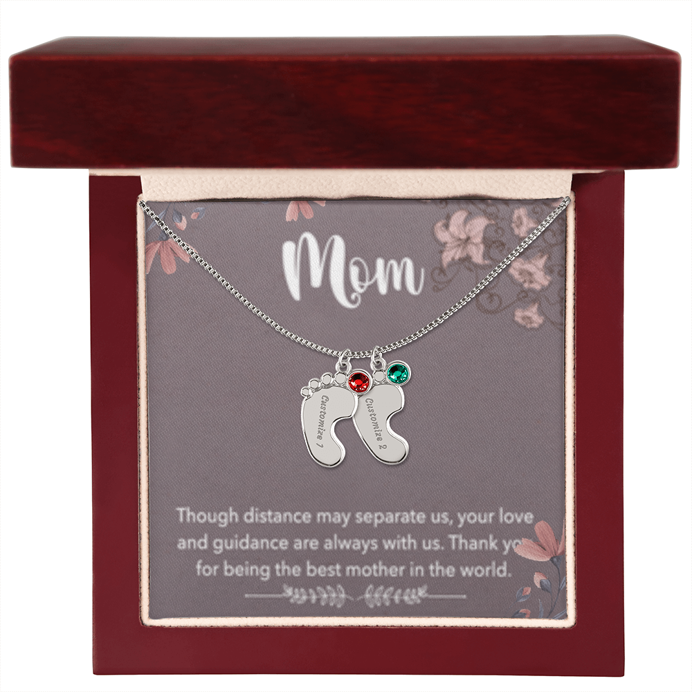 MOM-Engraved Baby Feet Necklace with Birthstones