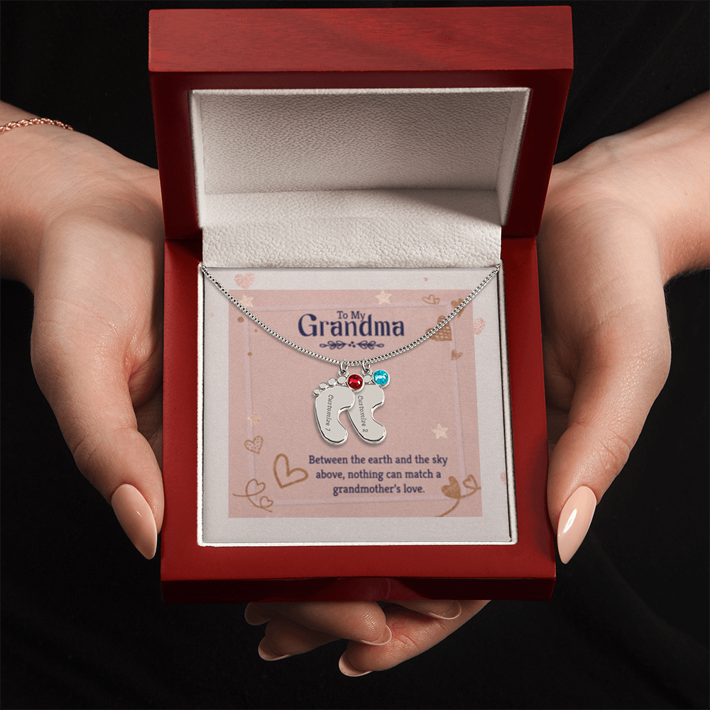 Nothing Can Match a GRANDMOTHER'S Love - Engraved Baby Feet Necklace with Birthstones