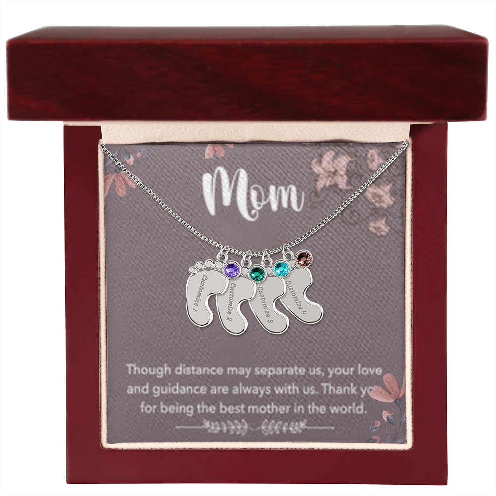 MOM-Engraved Baby Feet Necklace with Birthstones