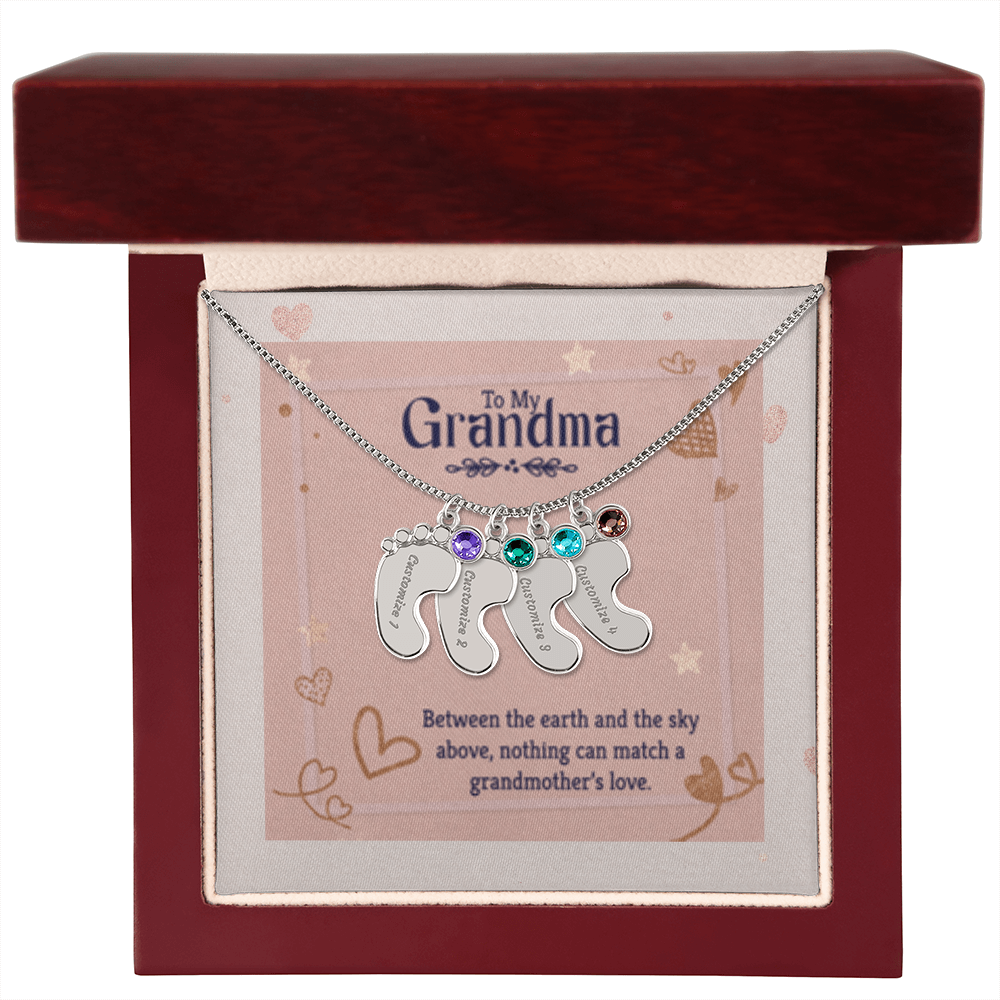 Nothing Can Match a GRANDMOTHER'S Love - Engraved Baby Feet Necklace with Birthstones