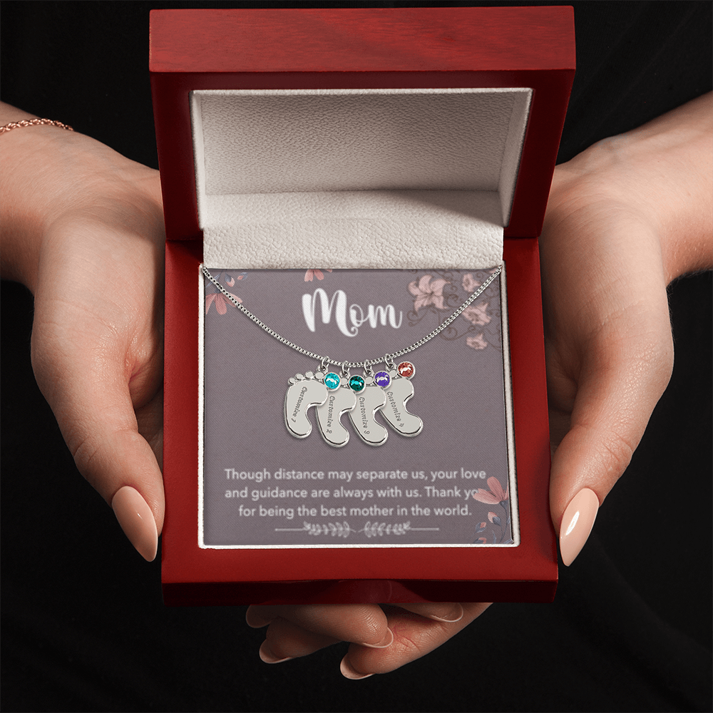 MOM-Engraved Baby Feet Necklace with Birthstones