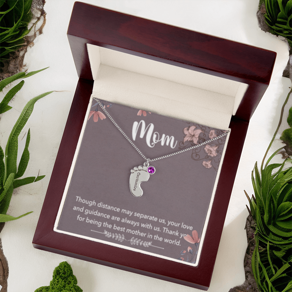 MOM-Engraved Baby Feet Necklace with Birthstones