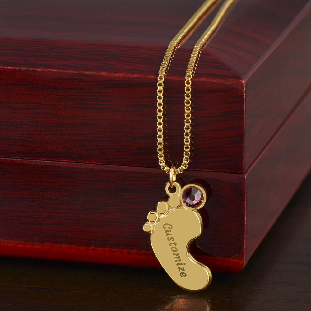 Nothing Can Match a GRANDMOTHER'S Love - Engraved Baby Feet Necklace with Birthstones