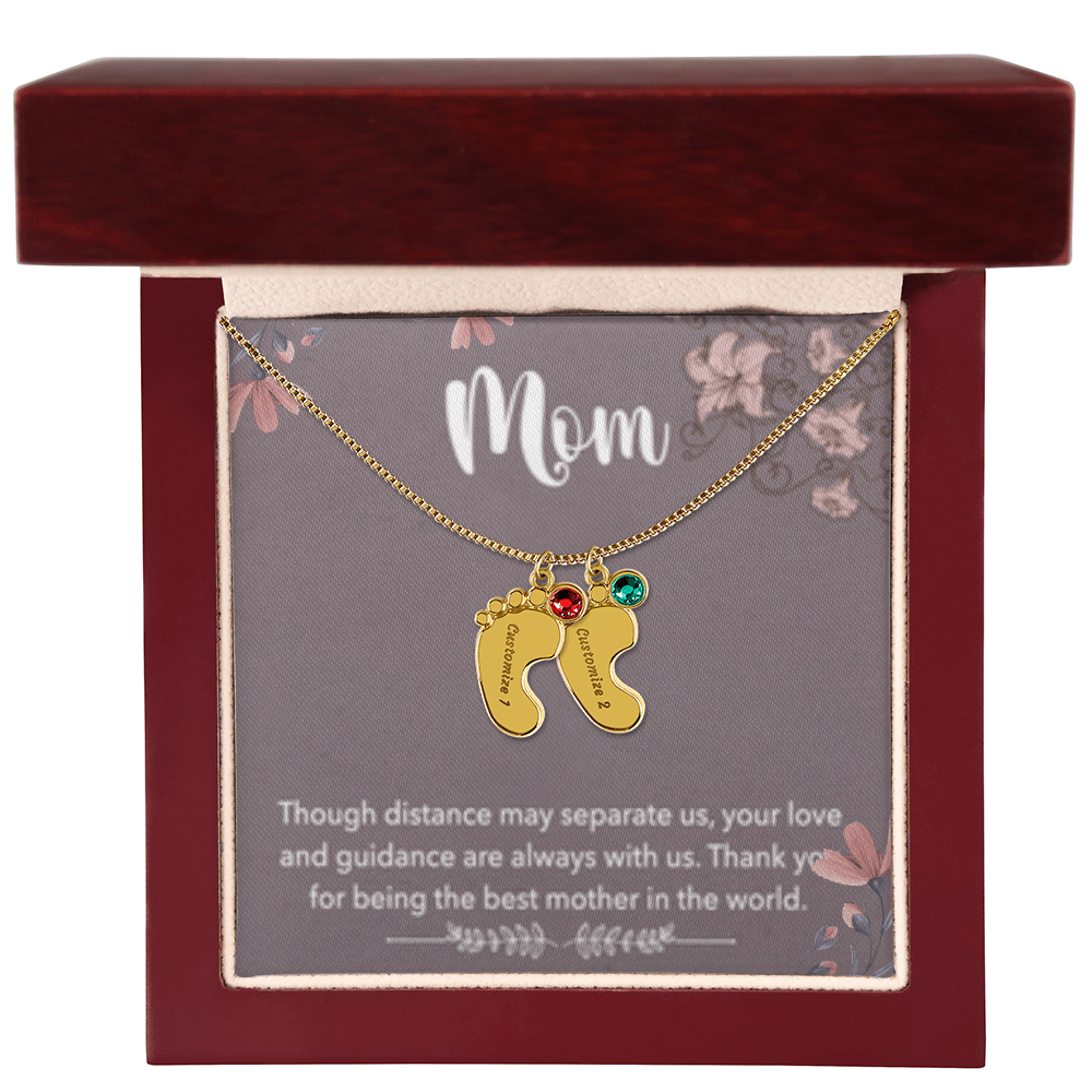 MOM-Engraved Baby Feet Necklace with Birthstones