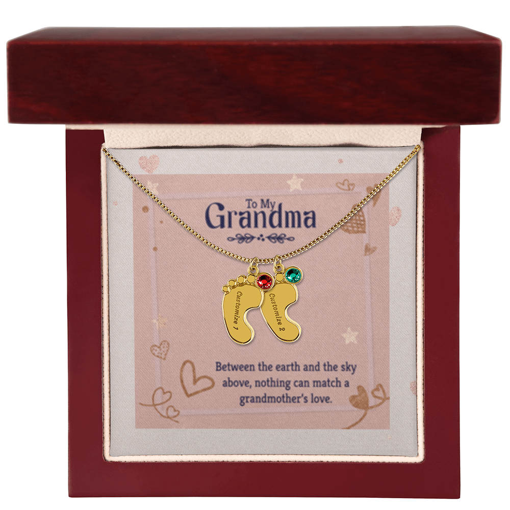Nothing Can Match a GRANDMOTHER'S Love - Engraved Baby Feet Necklace with Birthstones