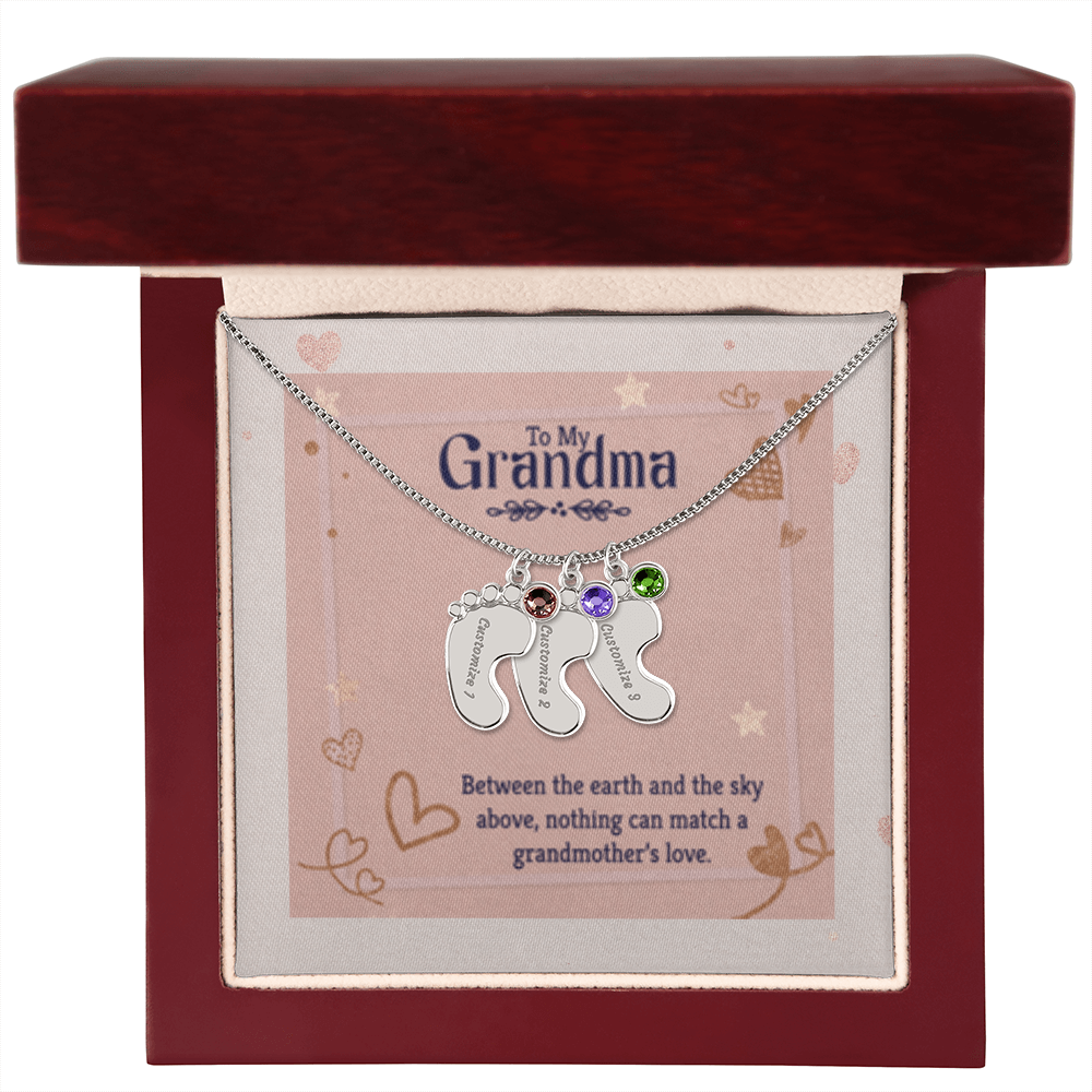 Nothing Can Match a GRANDMOTHER'S Love - Engraved Baby Feet Necklace with Birthstones