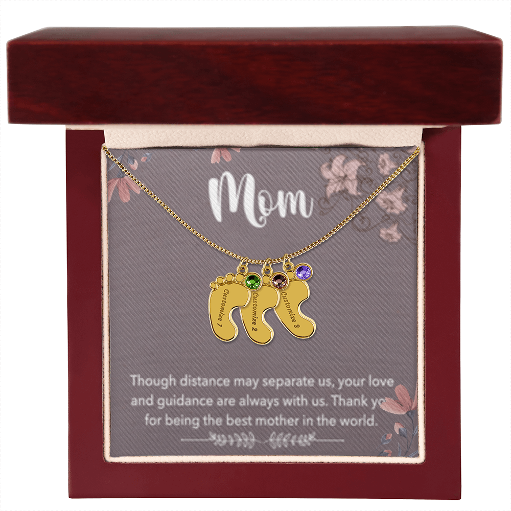 MOM-Engraved Baby Feet Necklace with Birthstones