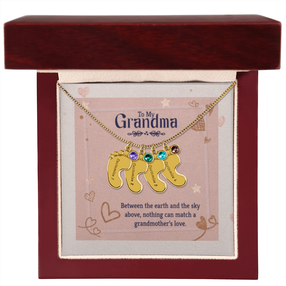 Nothing Can Match a GRANDMOTHER'S Love - Engraved Baby Feet Necklace with Birthstones