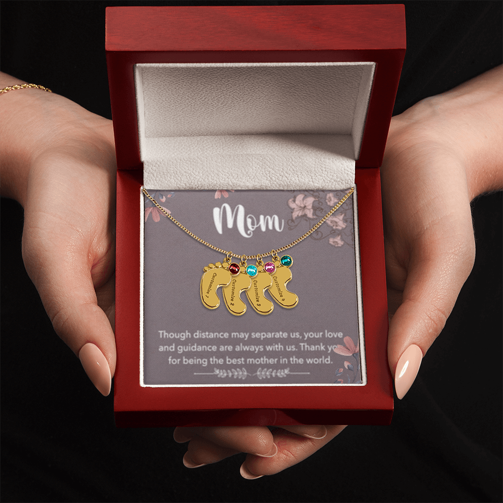 MOM-Engraved Baby Feet Necklace with Birthstones