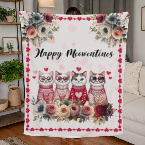 Happy Meowentines - 50'' x 60'' Jersey Fleece Blanket- Valentines Collection!