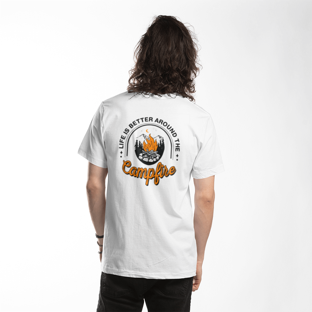 Life is better around  a Campfire! - Back Logo-  unisex White T-Shirt
