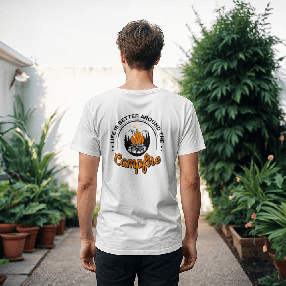 Life is better around  a Campfire! - Back Logo-  unisex White T-Shirt