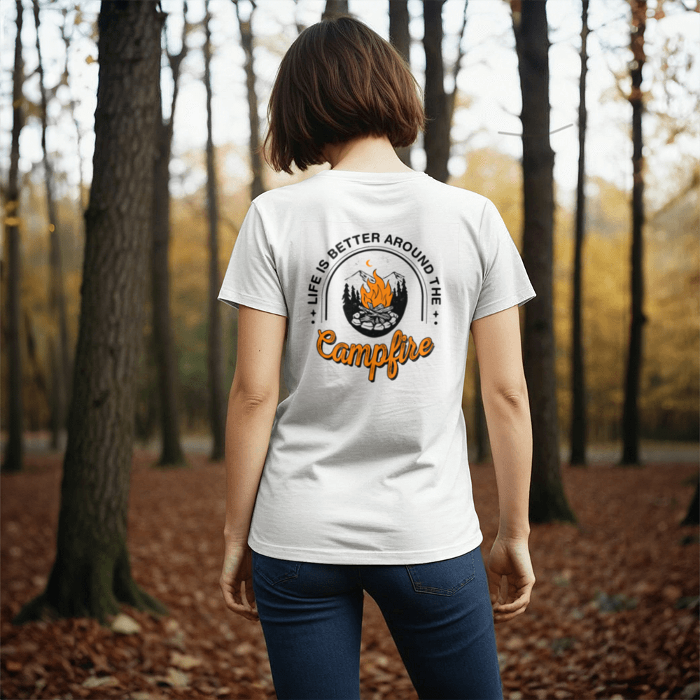 Life is better around  a Campfire! - Back Logo-  unisex White T-Shirt