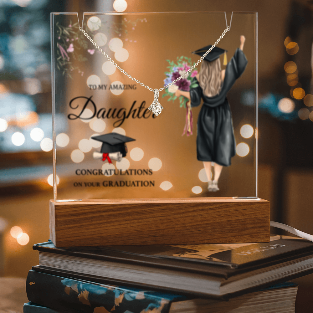 SALE!! -Daughter -Blonde Hair- Graduation - Keepsake LED Acrylic & Alluring Beauty Necklace- GOLD FINSIH!-