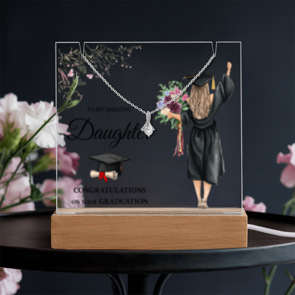 SALE!! -Daughter -Blonde Hair- Graduation - Keepsake LED Acrylic & Alluring Beauty Necklace- GOLD FINSIH!-