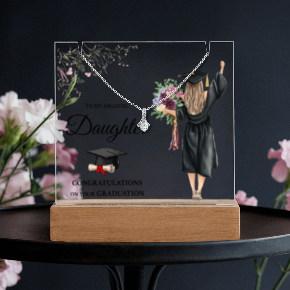 SALE!! -Daughter -Blonde Hair- Graduation - Keepsake LED Acrylic & Alluring Beauty Necklace- GOLD FINSIH!-