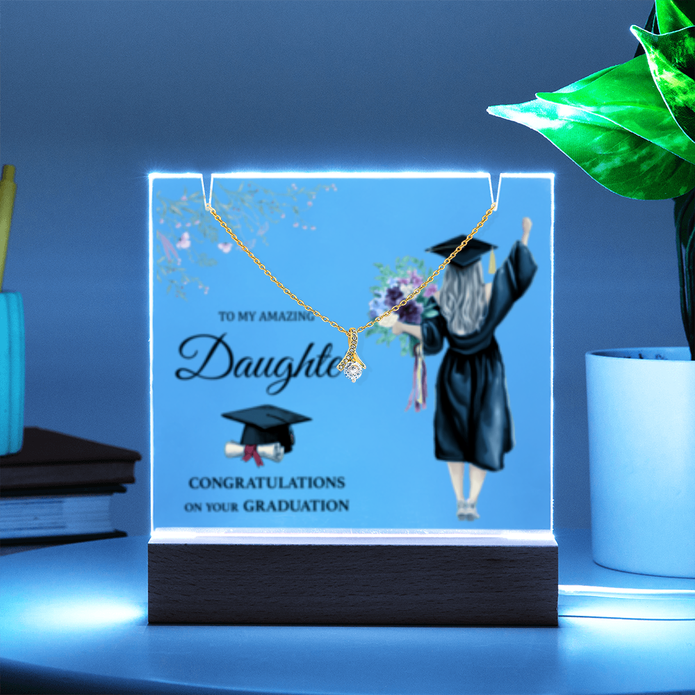 SALE!! -Daughter -Blonde Hair- Graduation - Keepsake LED Acrylic & Alluring Beauty Necklace- GOLD FINSIH!-