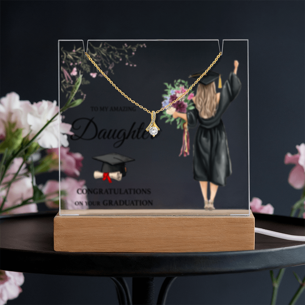 SALE!! -Daughter -Blonde Hair- Graduation - Keepsake LED Acrylic & Alluring Beauty Necklace- GOLD FINSIH!-