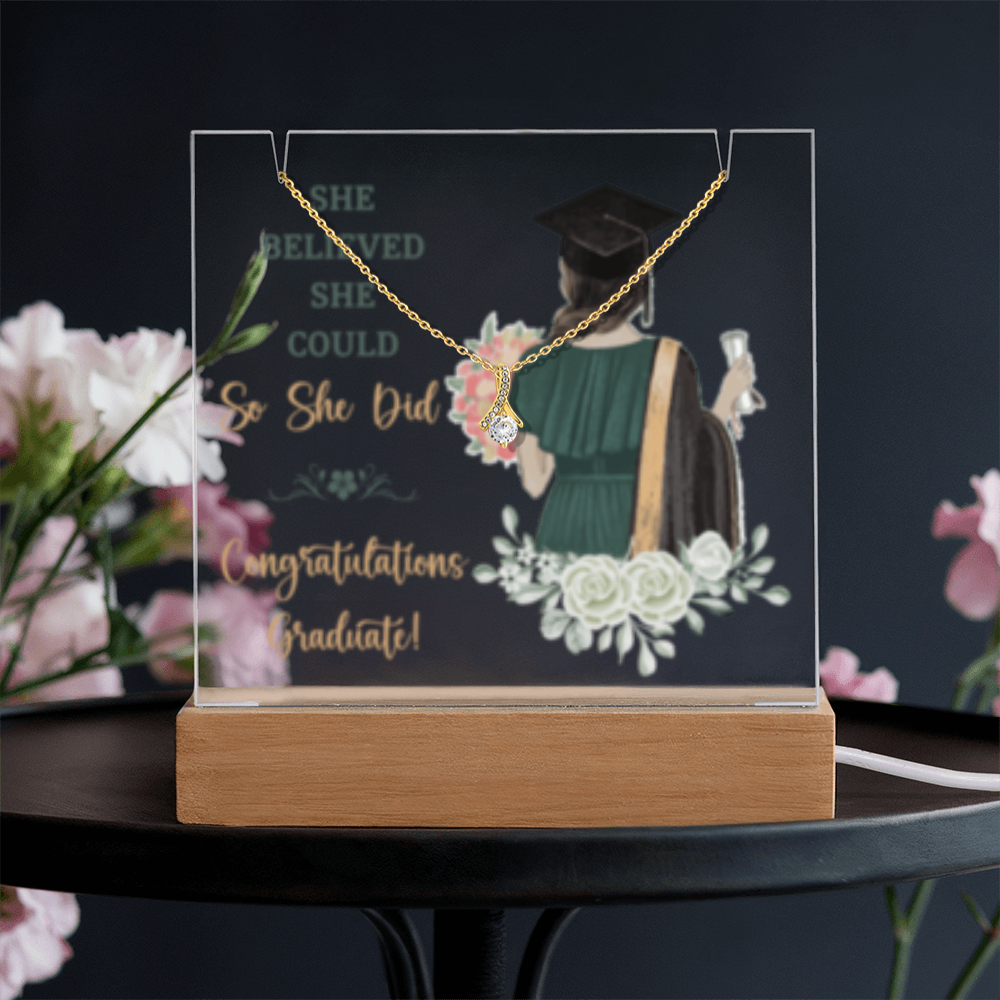 SALE!!-Daughter - Brown Hair -Graduate - Keepsake  LED Acrylic & Alluring Beauty Necklace - GOLD FINISH!
