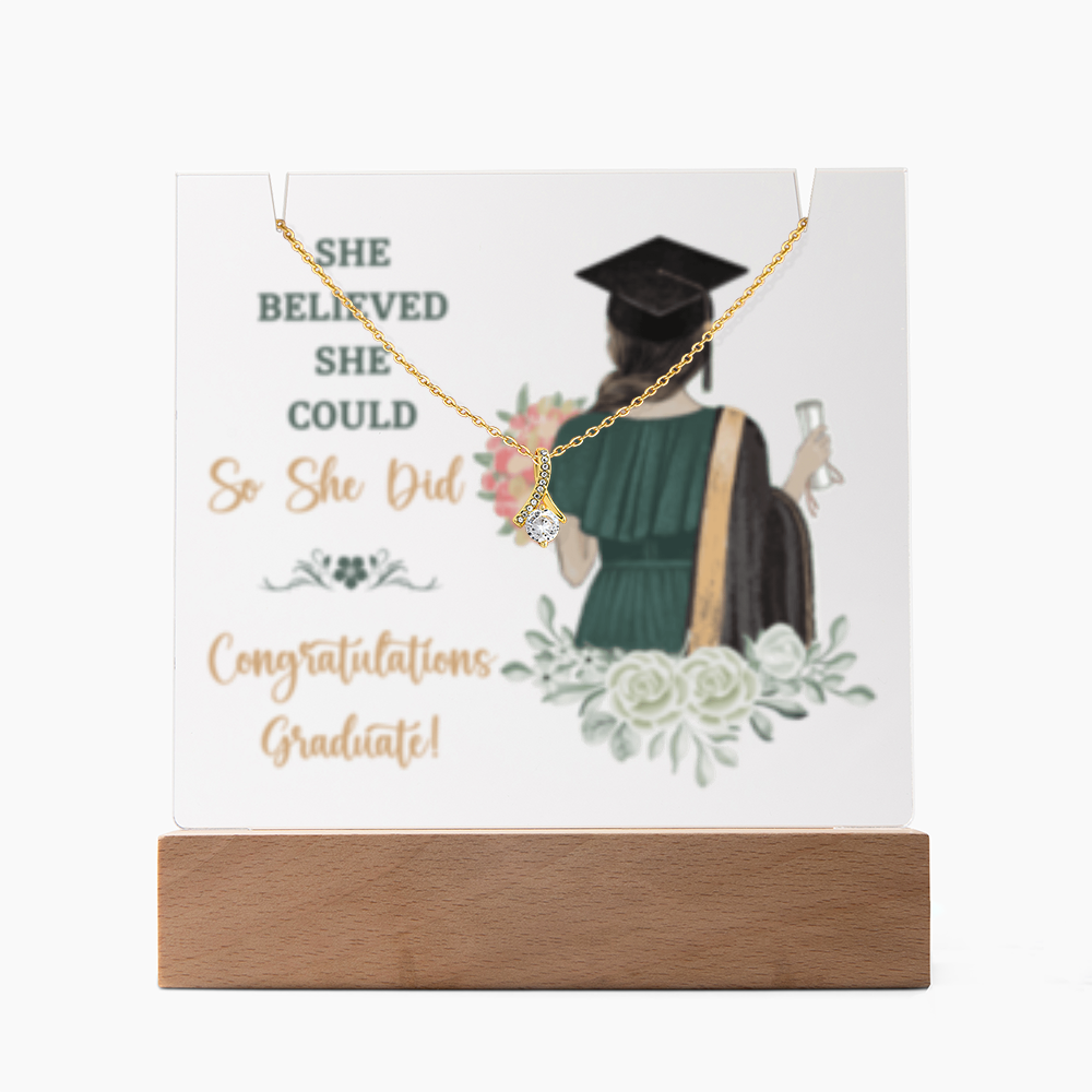 SALE!!-Daughter - Brown Hair -Graduate - Keepsake  LED Acrylic & Alluring Beauty Necklace - GOLD FINISH!