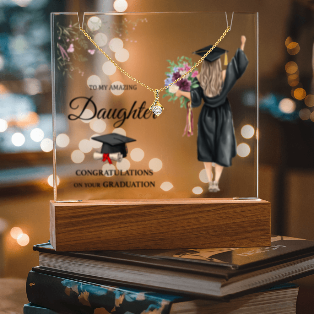 SALE!! -Daughter -Blonde Hair- Graduation - Keepsake LED Acrylic & Alluring Beauty Necklace- GOLD FINSIH!-