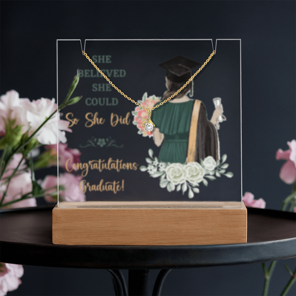 SALE!!-Daughter - Brown Hair -Graduate - Keepsake  LED Acrylic & Alluring Beauty Necklace - GOLD FINISH!