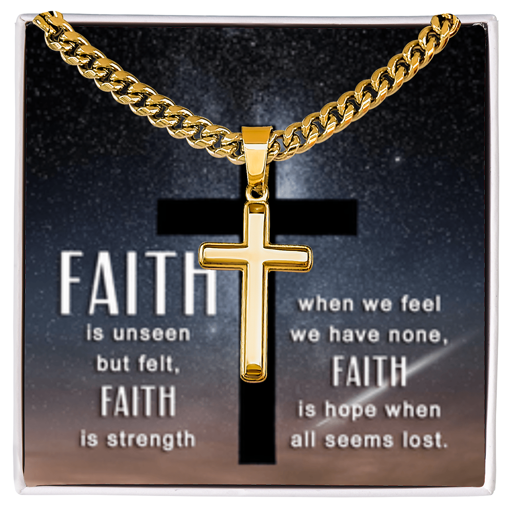Faith is unseen but felt -Artisan Cross with Cuban Link Chain - FOR MEN - GOLD FINISH
