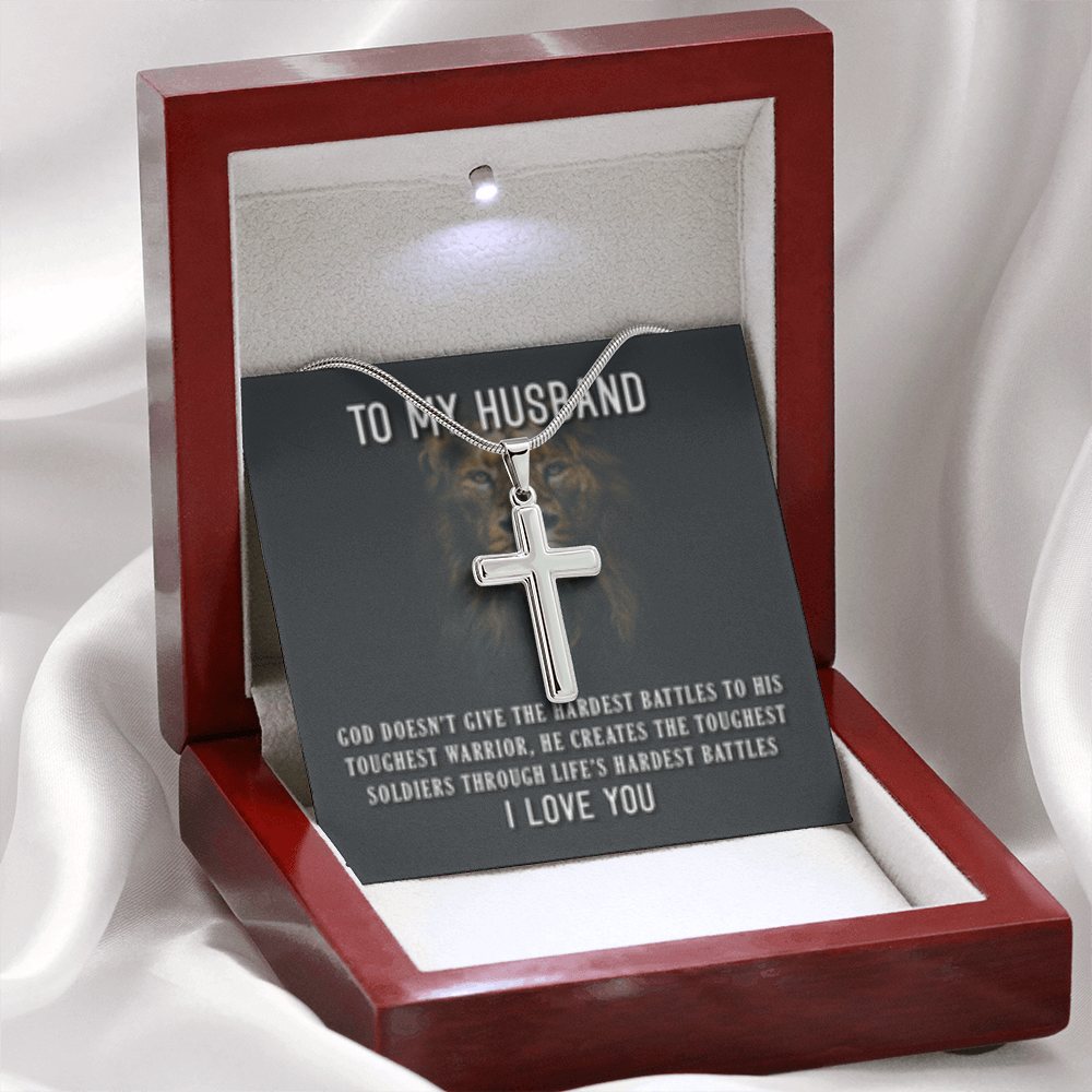To My Husband- God's Hardest Battles- Cross w/ Snake Chain - Engraved