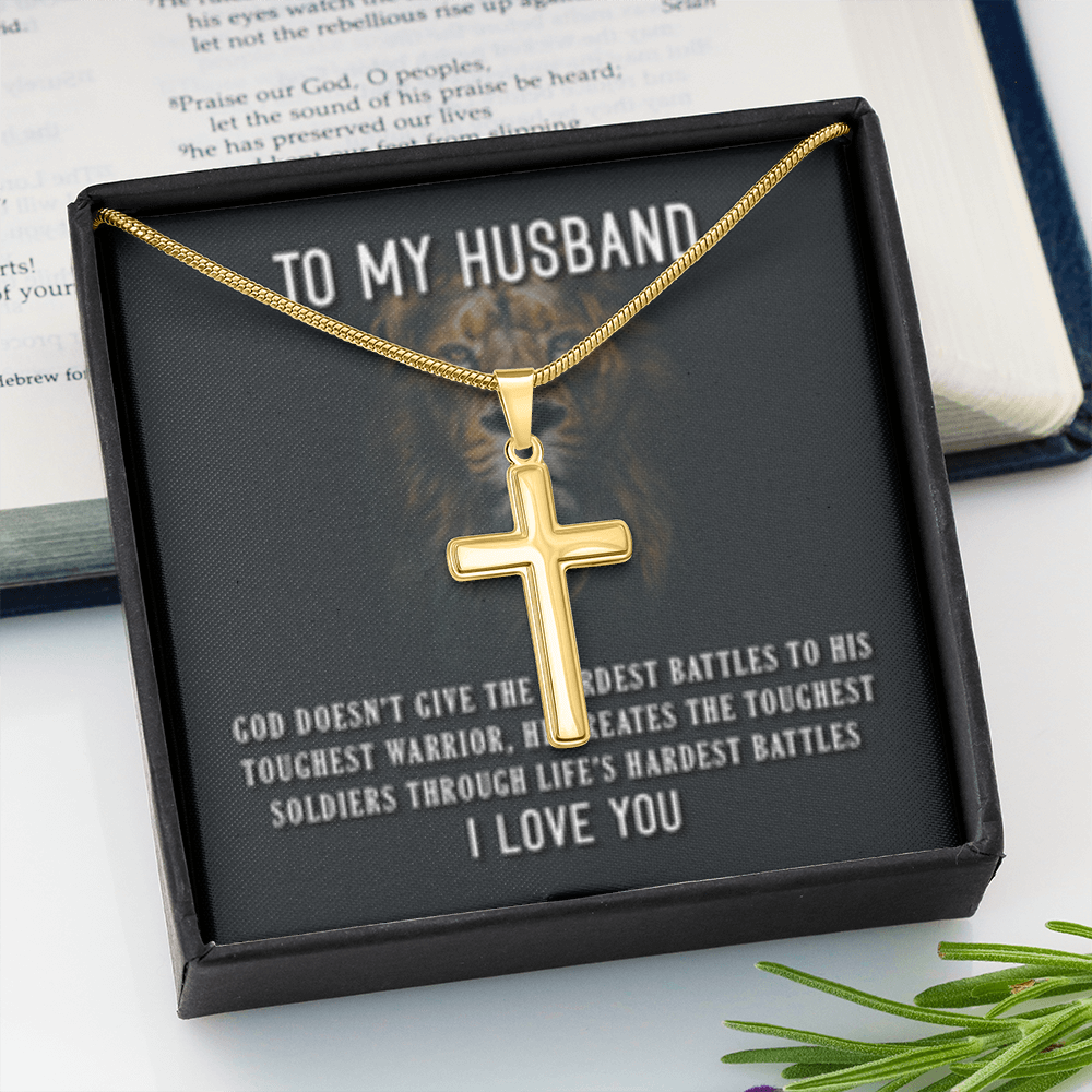 To My Husband- God's Hardest Battles- Cross w/ Snake Chain - Engraved