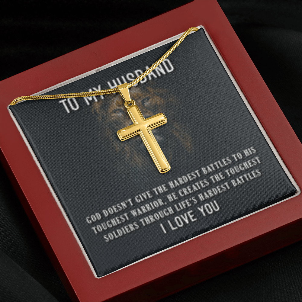 To My Husband- God's Hardest Battles- Cross w/ Snake Chain - Engraved