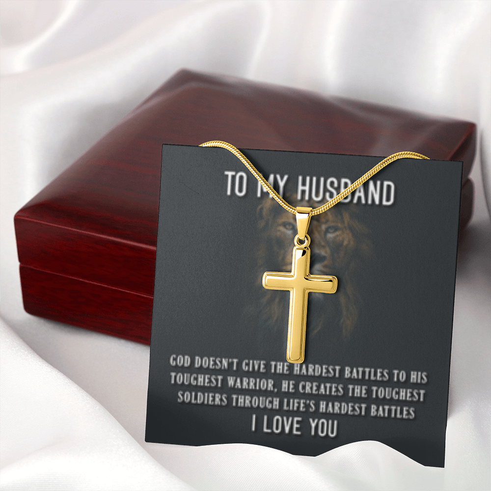To My Husband- God's Hardest Battles- Cross w/ Snake Chain - Engraved