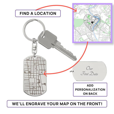 Engraved Dog Tag Keychain with Map Feature