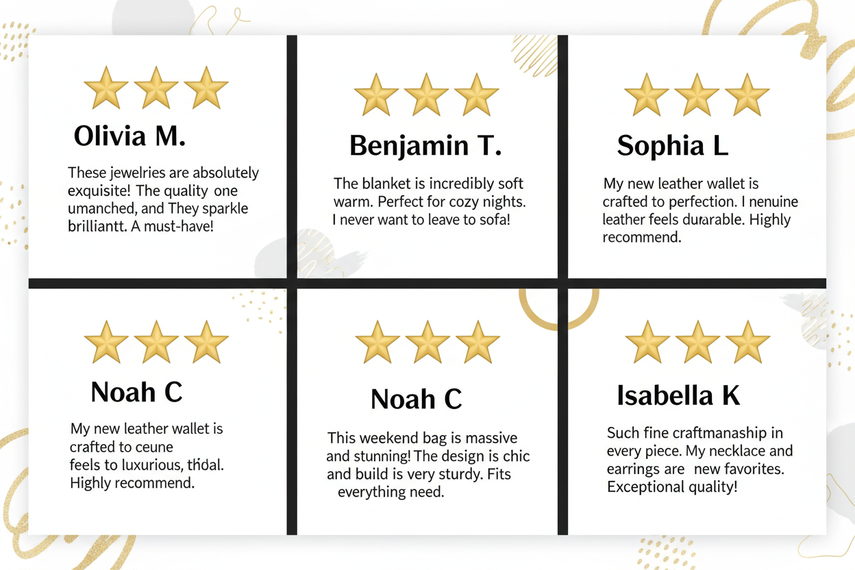 I need a list of 5 star reviews regarding the high quality jewelry and my cozy blankets and. Genuine leather wallets. Large, beautiful weekend bags. With.